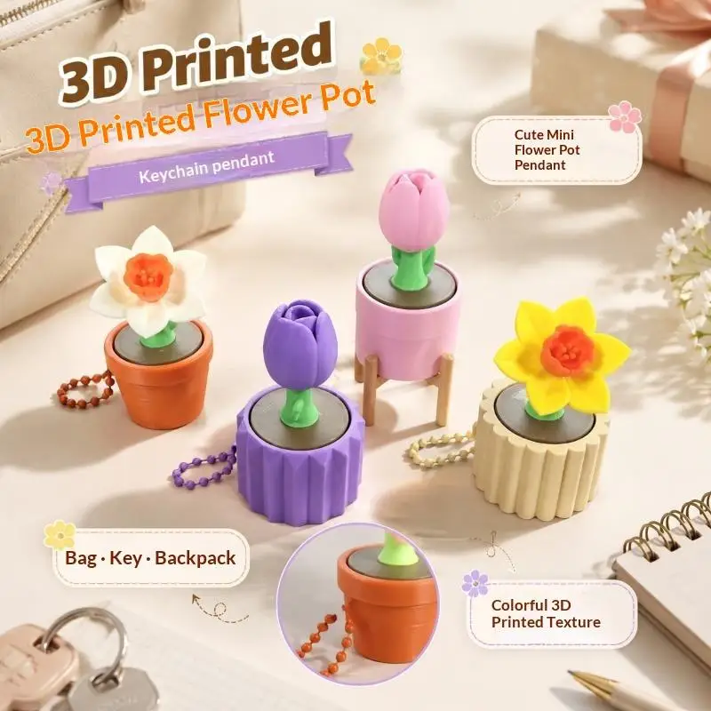 Tiny Potted Flower Fidget Charm, Eco-Friendly PLA 3D Printed Spring Floral Plant Style Decompression Backpack Decor Keychain