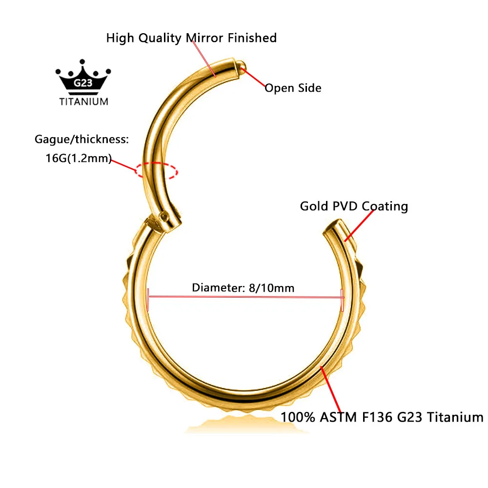 ASTM F136 G23 Titanium Pyramid Moon Helix Septum Piercing Daith Conch Hoop Hinged Earring Clicker Segment Nose Ring 16G