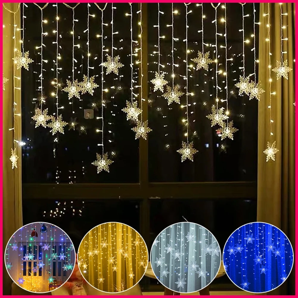 Natal LED Snowflake Curtain Garland, Fairy String Lights, ao ar livre, Home Party, Jardim, Decoração de Ano Novo, 3,5 m