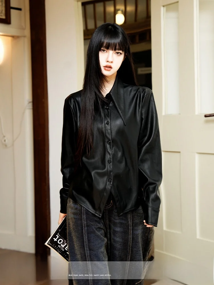 

American Retro PU Leather Jaet Women's Autumn Winter ort Loose Faux Fur irt Simple Commute Sle Regular Sve Long