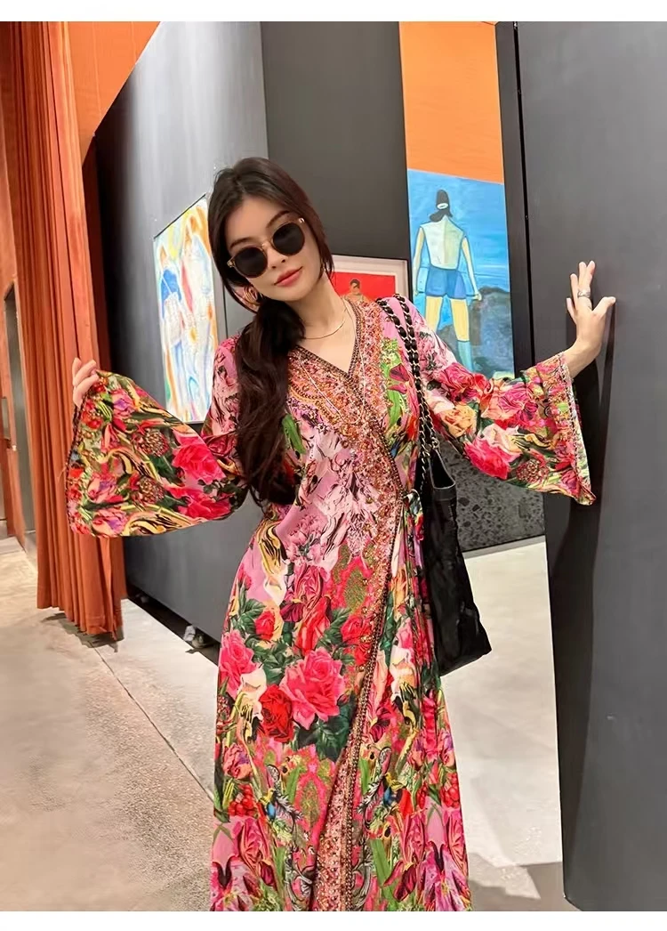 High End V-Neck Silk Fabric Printed + Rhinestone Flared Sleeve Design Fashionable And Exquisite Vacation Women's Dress M-2XL