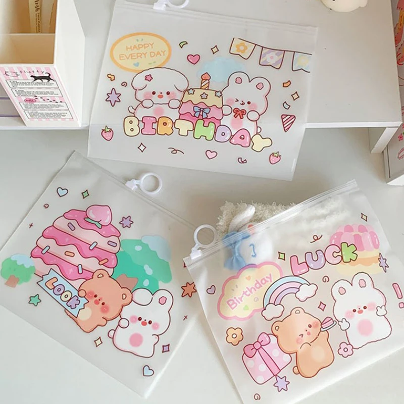 10PCS Cartoon Pattern Zipper Storage Bag Cute Printing Small Items Cosmetics Storage Bag Frosted Self Sealing Packaging Bag