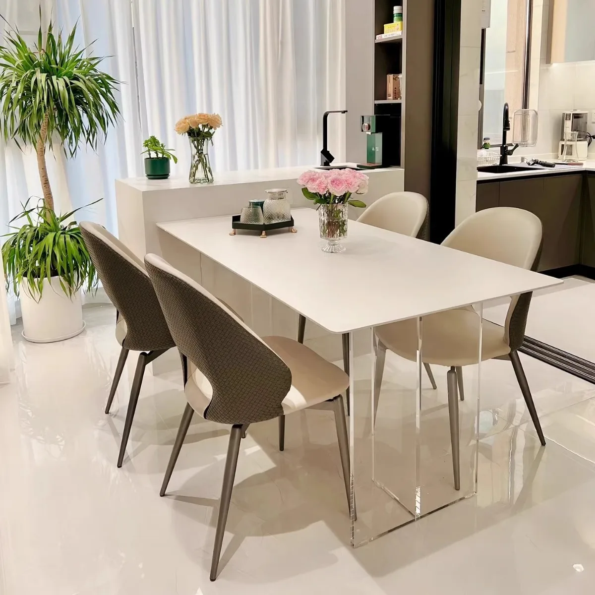 

Acrylic, suspension, rock slab, dining table and chairs, household, modern, simple, creamy, light luxury