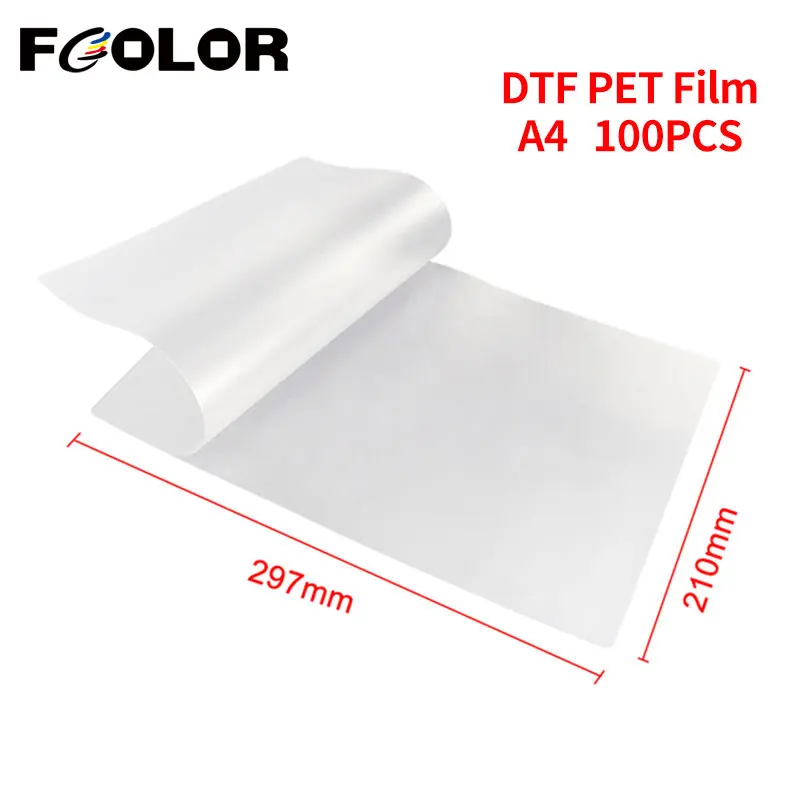 Fcolor 50/100 fogli A4 DTF PET Film per stampante DTF Direct to t-shirt pellicola a trasferimento termico per stampante L1800 1390 XP600 A3 DTF