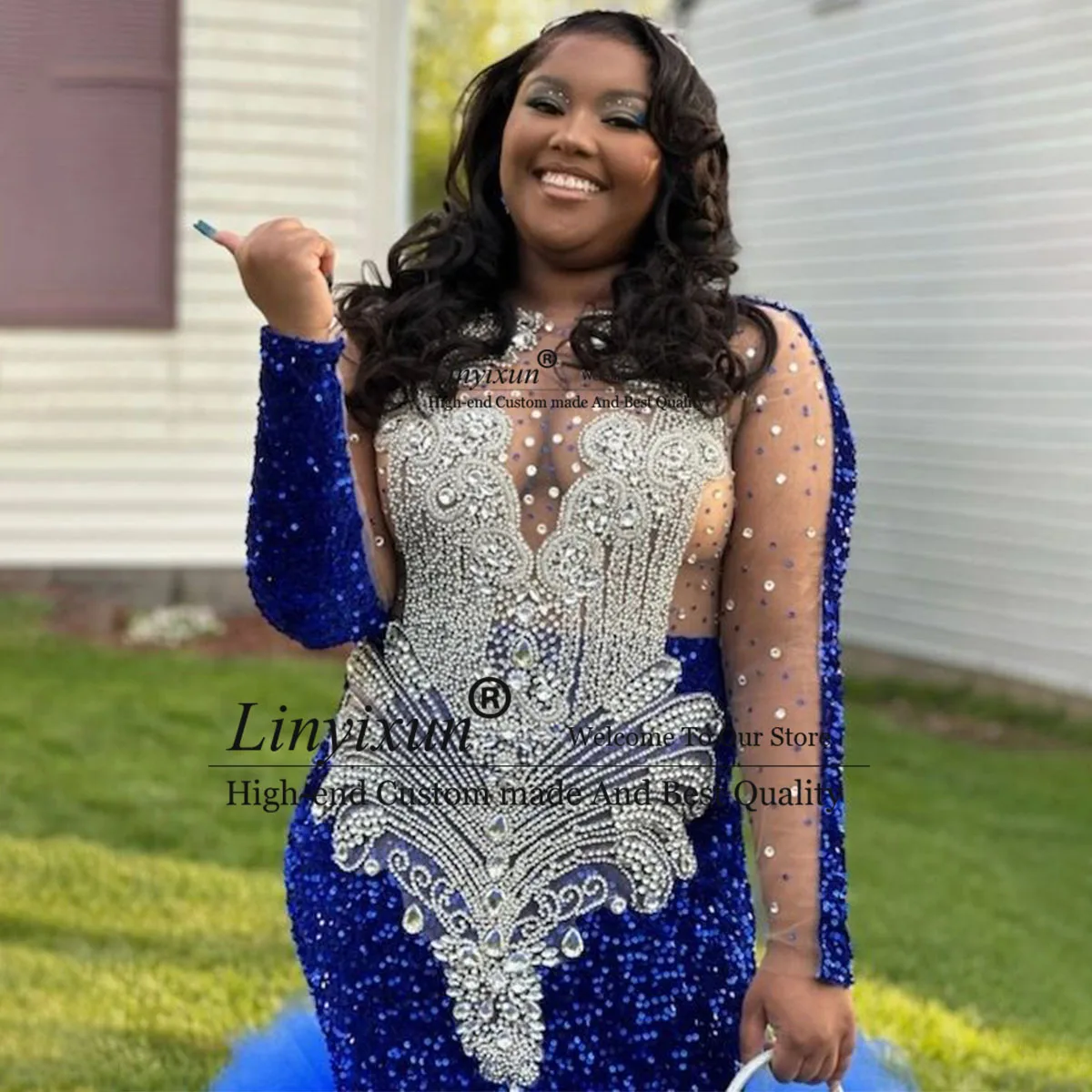 Luxury 2024 Blue Crystal Prom Dresses Luxury Rhinestones Ruffle Formal Evening Party Gowns Sleeveless Diamond robe chic soirée