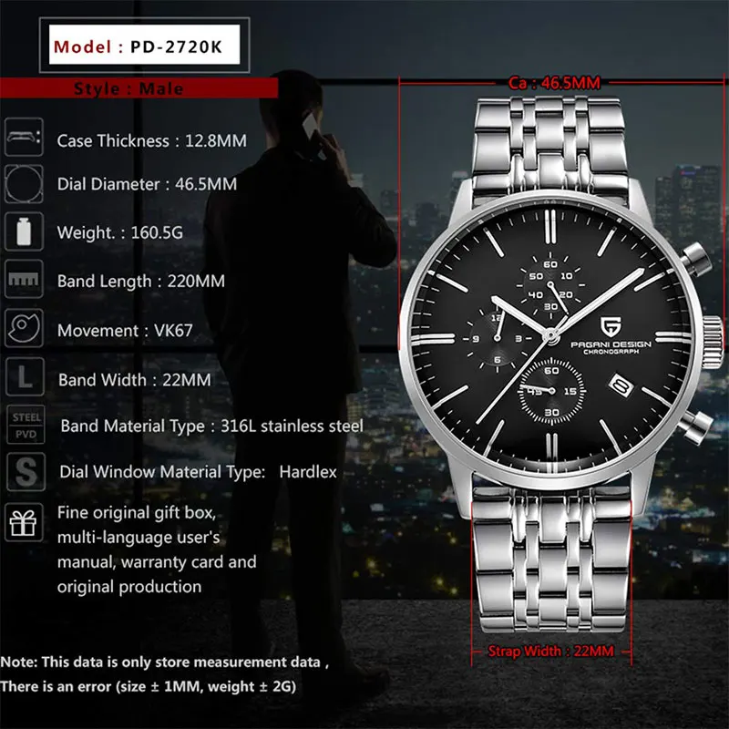 ساعة للرجال تصميم باجاني جديد كرونوغراف VK67 كوارتز ساعة اليد العلامة التجارية الأعلى الفولاذ المقاوم للصدأ الرياضة مقاوم للماء ساعة الرجال الساعات