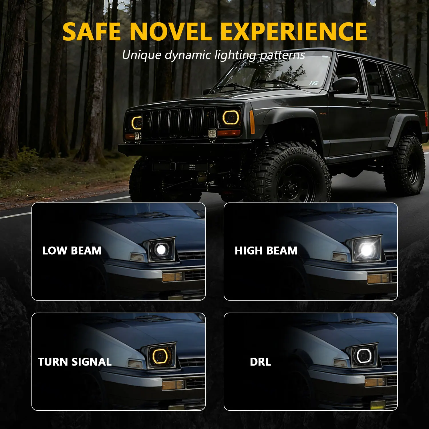 7Inch LED Square Headlight H4 Hi-Lo Beam Dual Lens White/Yellow DRL Turn Signal BM-W Angel Eyes For J-eep Wrangler Off-Road Lamp