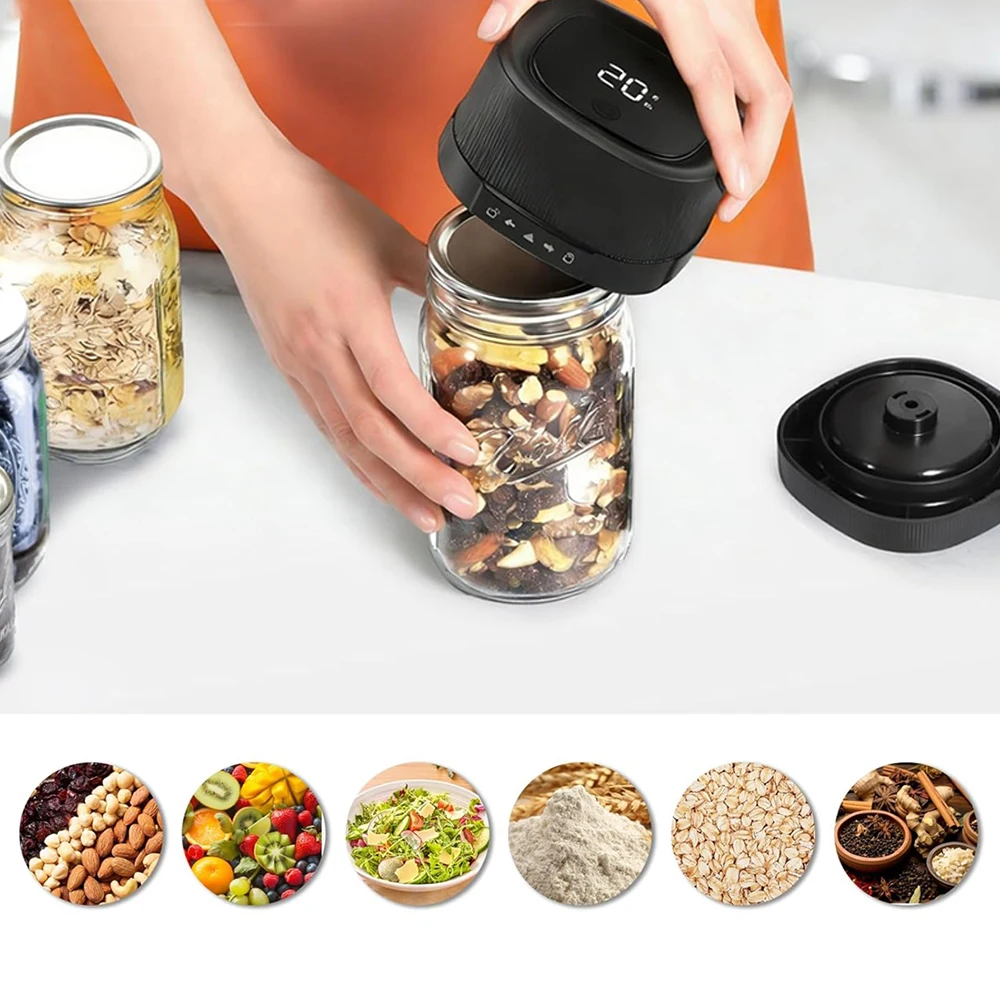 Sellador al Vacío para Frascos Mason con Apagado Automático para Granos, Nueces, Especias y Frutas, Conservador de Alimentos Inalámbrico con Pantalla LED y 50 Minutos de Autonomía, Compatible con Frascos de Boca Regular y Ancha, Incluye Bolsas para Vacío