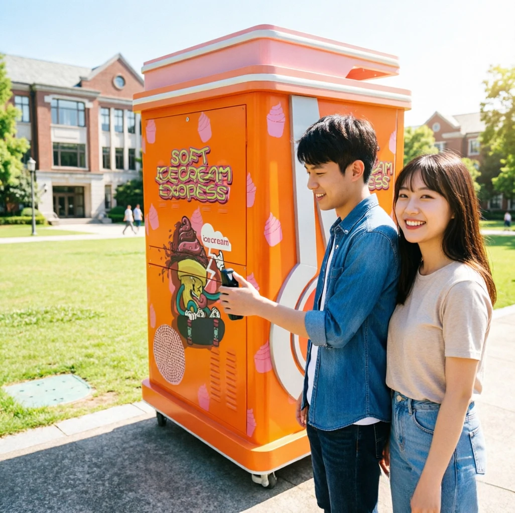 Soft Serve Ice Cream Vending Machine Auto Sanitize Anti-clog Nozzle Constant -18℃ Refrigeration Overseas Export Vending Kiosk
