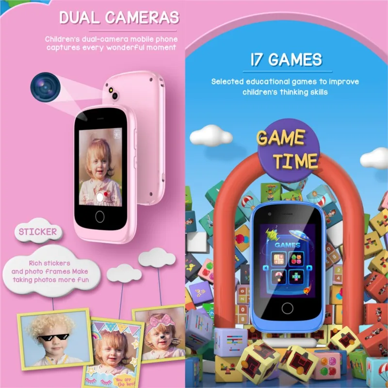 2G Call Kids Smart Phone 8GB 17 Games SOS Call Mini Toy Phone Dual Cameras Photo Video Record Music Play Calculator Audio Book