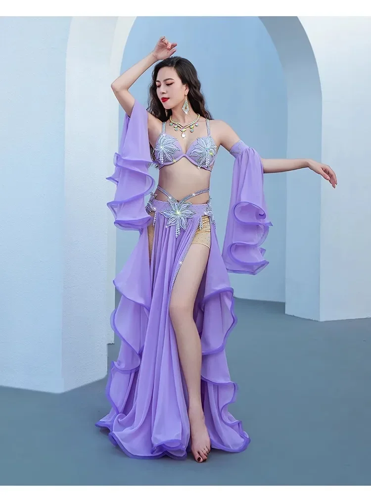 Customized Belly Dance Suit Diamond-Studdedn Bra Split Long Skir Performance Costumes Set Female Adult Top Competition Clothing