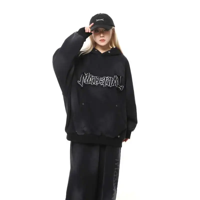 Amerikaanse gewassen gescheurde gotische tie-dye sportpaar sweatshirts hiphop grunge stijl patch stof lange mouwen hoodies voor dames