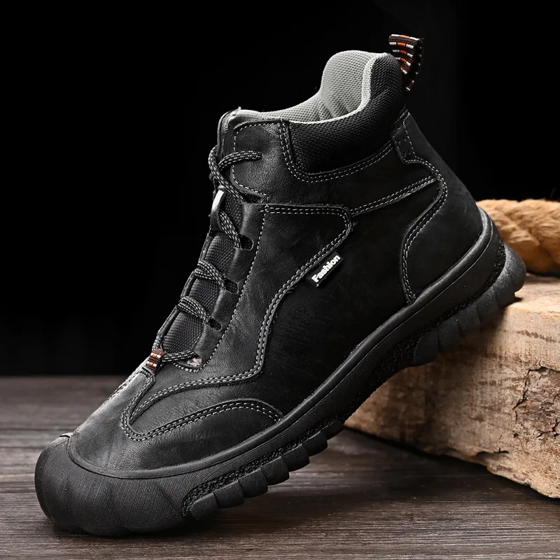 High quality high tops genuine leather boots for men new 2023 autumn winter size 45 46 plush warm walking shoe - black brown