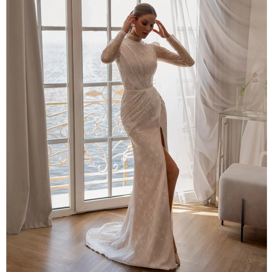 

High Neck Long Sleeves Wedding Dresses Side Slit Lace Mermaid Bridal Gown Buttons Back Party Dress robe de mariée Customized