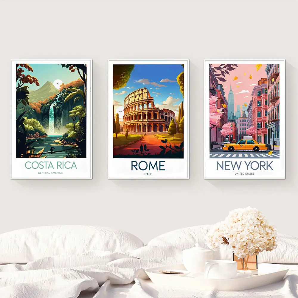 

New York City Travel Poster Statue of Liberty New York Print Rome Costa Rica San Jose Canvas Poster Arenal Volcano Wedding Gift