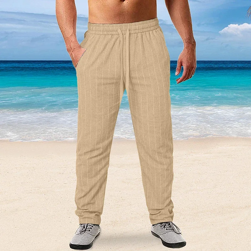 New Men's Cotton Linen Trousers Design Vertical Stripes Breathable Pants Casual Baggy Elastic Waist Straight Leg Sweatpants