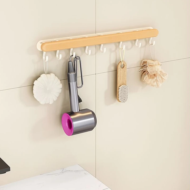 ‌Premium Cream Wood Wall-Mounted Kitchen Organizer, Adjustable Spoon Spatula Holder, No Drill Storage Hooks Rack‌