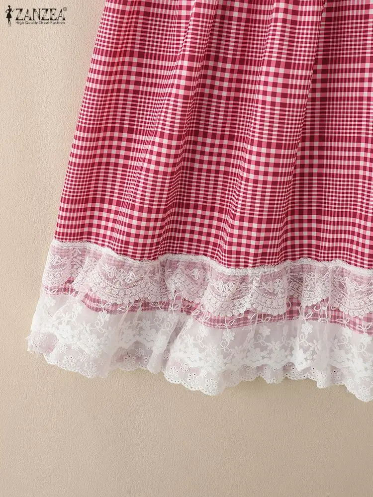 ZANZEA 女性ファッションレースパッチワークチェック柄ロングスカートエレガントな弾性ウエストフリルトリムチェック A ラインスカート女性カジュアルウェア