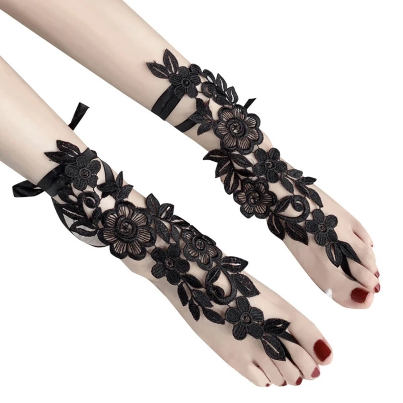 Sexy Lace Bridal Barefoot Sandals Floral Embroidery Anklet with Toe Ring Slave Anklet Summer Beach Foot Jewelry