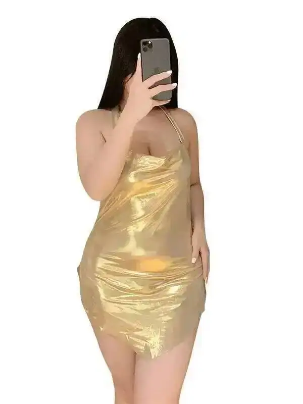 Glanzende Swingende Gouden Kraag Senior Vrouwen Vork Gordel Zomer Split Hip Wrap Pittig Meisje Sexy Slim Fit Slanke Jurk Meisje 6EAS