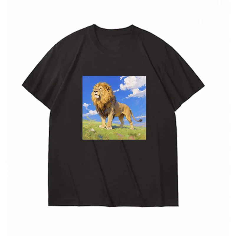 

100% хлопок унисекс с коротким рукавом король лев мультфильм принт смелый африканский дизайн дикой природы мягкая летняя ткань модное искусство животных для всех