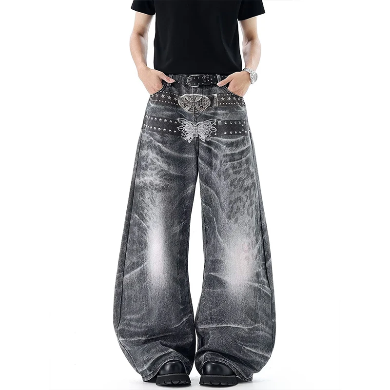 

KEQI Men's Black Y2k 3D Print Jeans Vintage Harajuku Grunge Hiphop Denim Trousers Baggy Straight Wide Leg Long Jean Pants Summer