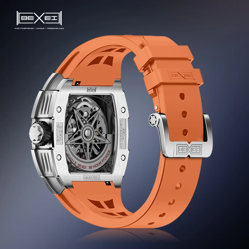 BEXEI 9802 Inlaid zircon astronauts theme Automatic Mechanical watch for men Luxury 80H Power Barrel shaped Sapphire waterproof