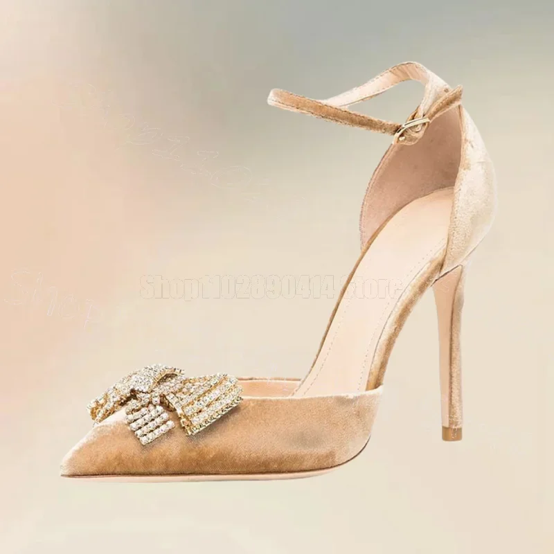 

Crystal Bow Knot Beige Suede Pointed Toe Pumps Buckle Strap Women Shoes Thin High Heels Party Banquet 2025 Zapatos Para Mujere