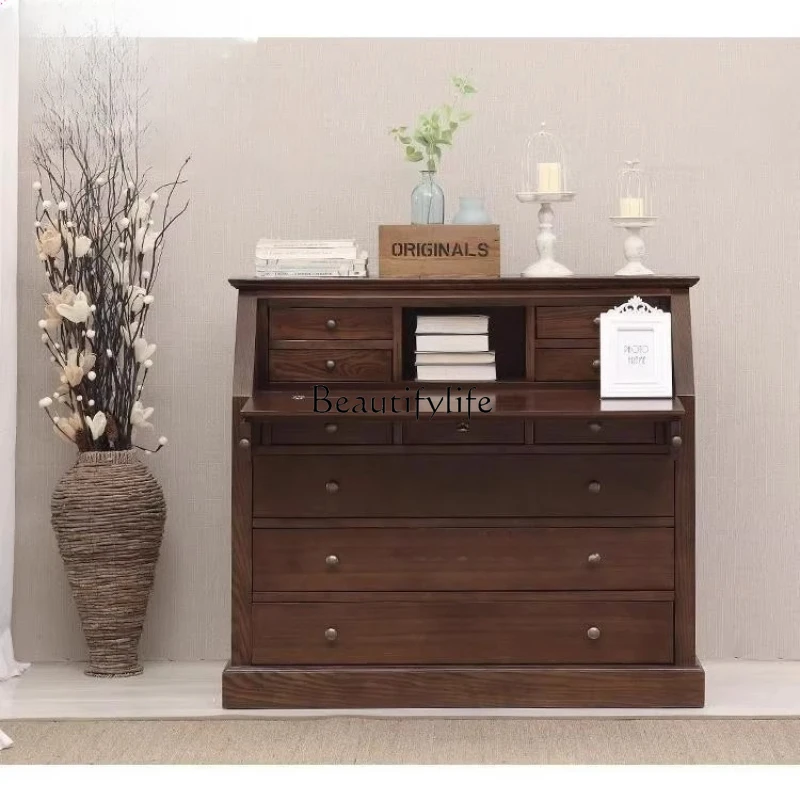 Mesa de madeira maciça do país americano, mesa de armazenamento multifuncional retrô flip mesa de computador