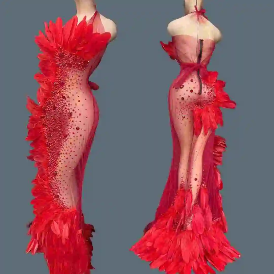 

Sparkly Pearls Stage Performance Feather Mesh Long Dress Sexy Women Nightclub Party Outfit Bandage Fashion Event Couture Kaipin