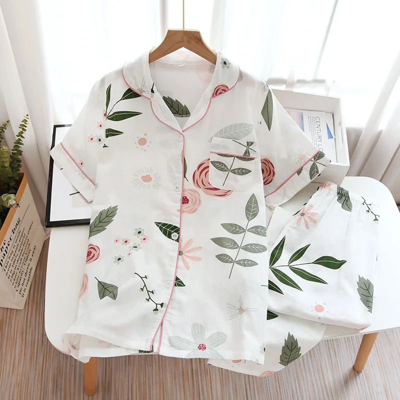 2024 Japanese new spring and summer short-sleeved trousers pajamas 2-piece set 100% cotton gauze flower cartoon home service set