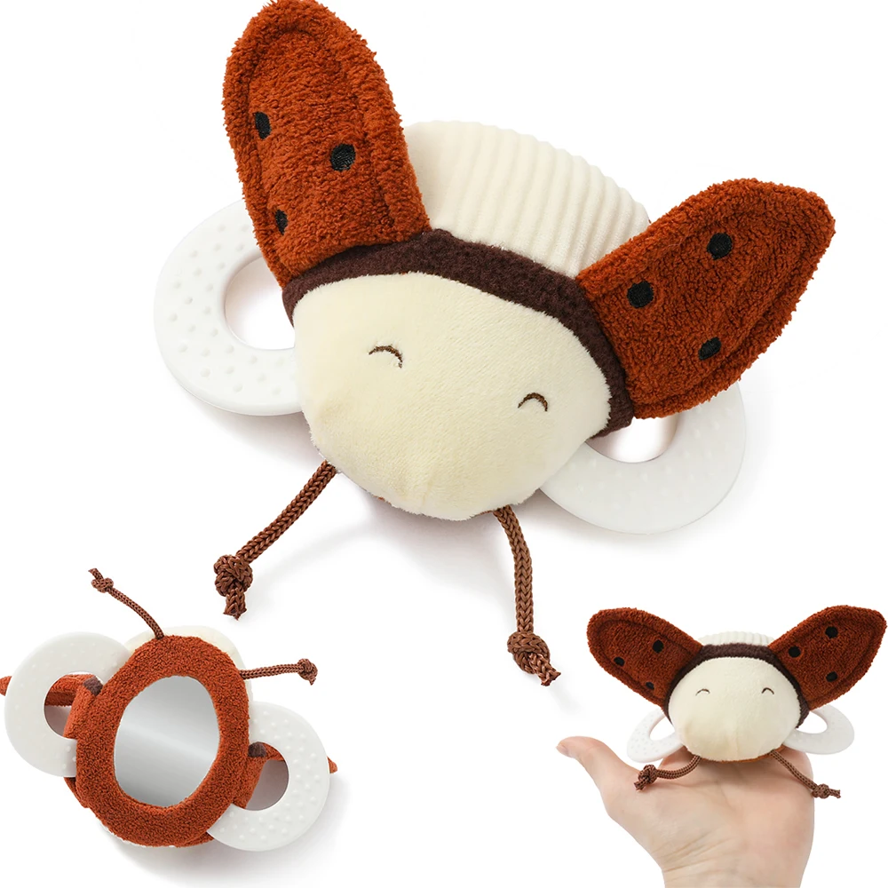 Plush Beetle Rattle with Bell and Mirror Built in Bell Fun Mirror on Back Sensory Baby Toys Training Portable Newborn Toys Gift