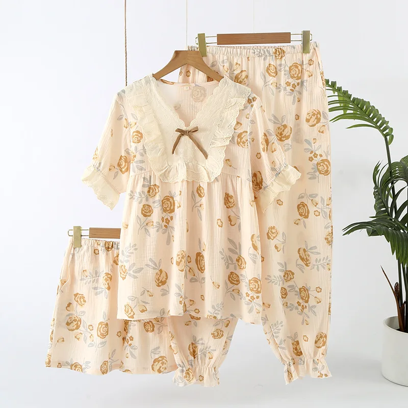 Three Piece Sleepwear Set Cotton Pajamas For Spring And Summer Women's Thin Style Loose French Style Home Clothing Set