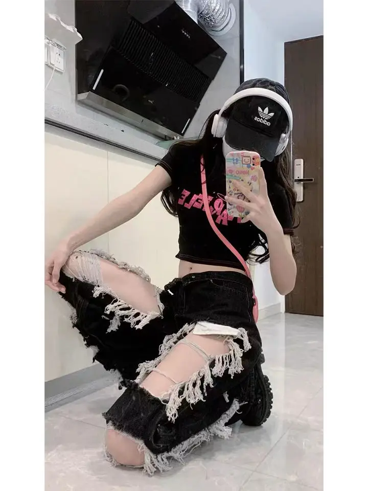 

Loose Straight-leg Floor-length Pants Hot Girl's Street-breaking Ripped Jeans for Women