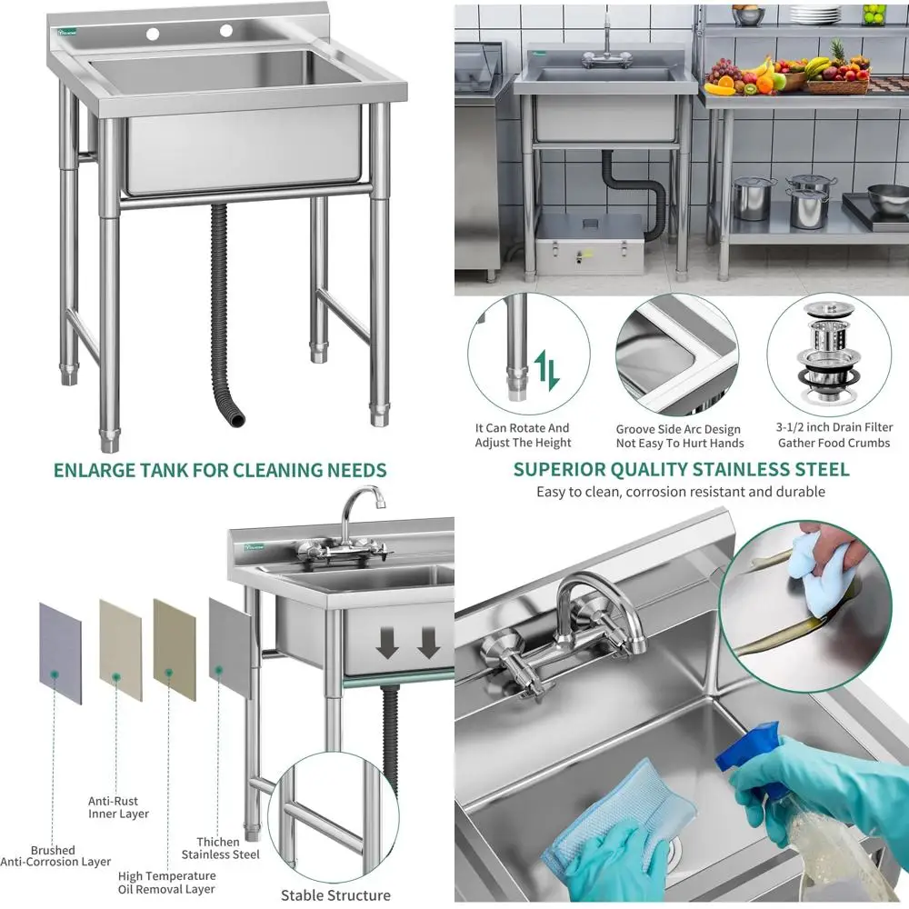 

Free Standing 29 Inch Single Bowl Stainless Steel Utility Kitchen Sink with NSF Certification for Commercial Use in Laundry and