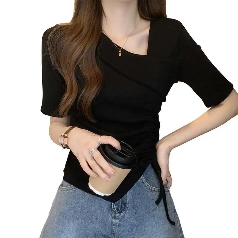 

Slim Fit Women's T-irt Summer Faion All-match Cute Sle Square Collar ort Sve Polyester Fiber Pure Color T-irt