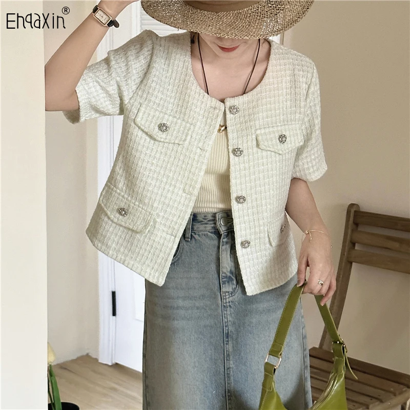 EHQAXIN Spring Summer Womens Top Casual Chic French Small Fragrance Elegant Versatile Short Sleeve Tweed Short Cardigan Tops M-L