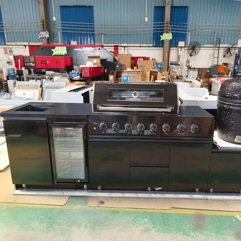 [Hot Sale]High Quality SS304 Black Outdoor Kitchen With 68L Fridge Sink 6-Burner BBQ Gas Grill For Outdoor Cooking And Barbecues