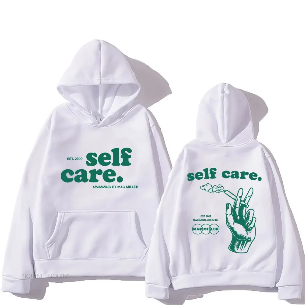 Macc Miller Self Care Printed Sweatshiets Casual Kawaii Cartoon Letter Hoodies Streetwear Long Sleeve Tops Fleece Pullovers Male