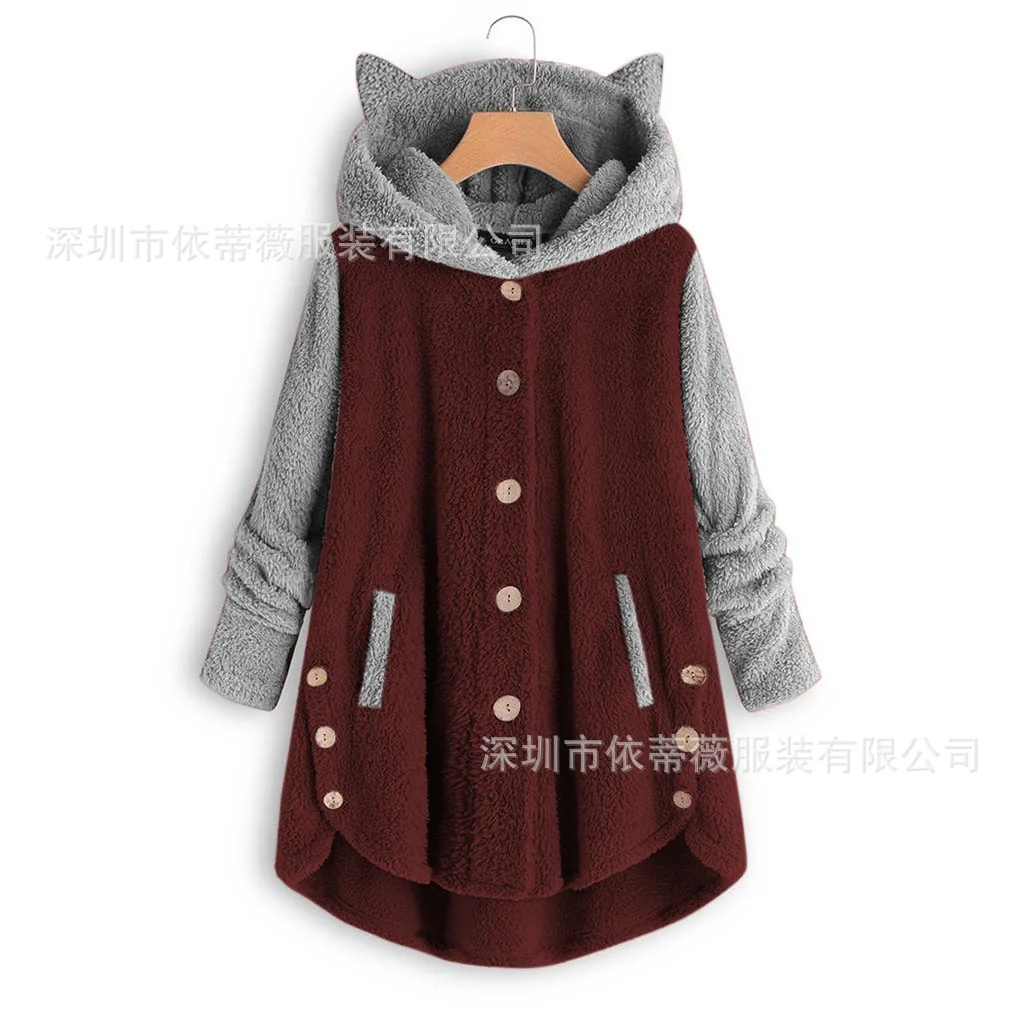 Cat Print Long Hoodies Sweatshirt Women Fleece Warm Button Pocket Pullovers Cat Ear Plus Size Hoodie Top Blouse Sweat Femme