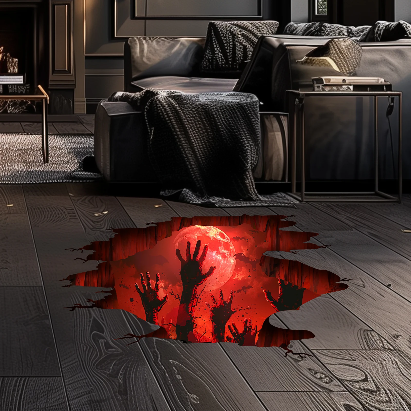 Crack Floor Zombie Hands Blood Wall Sticker Scary Blood Full Moon Bat Wall Decal Removable Peel and Stick PVC Halloween Decorati