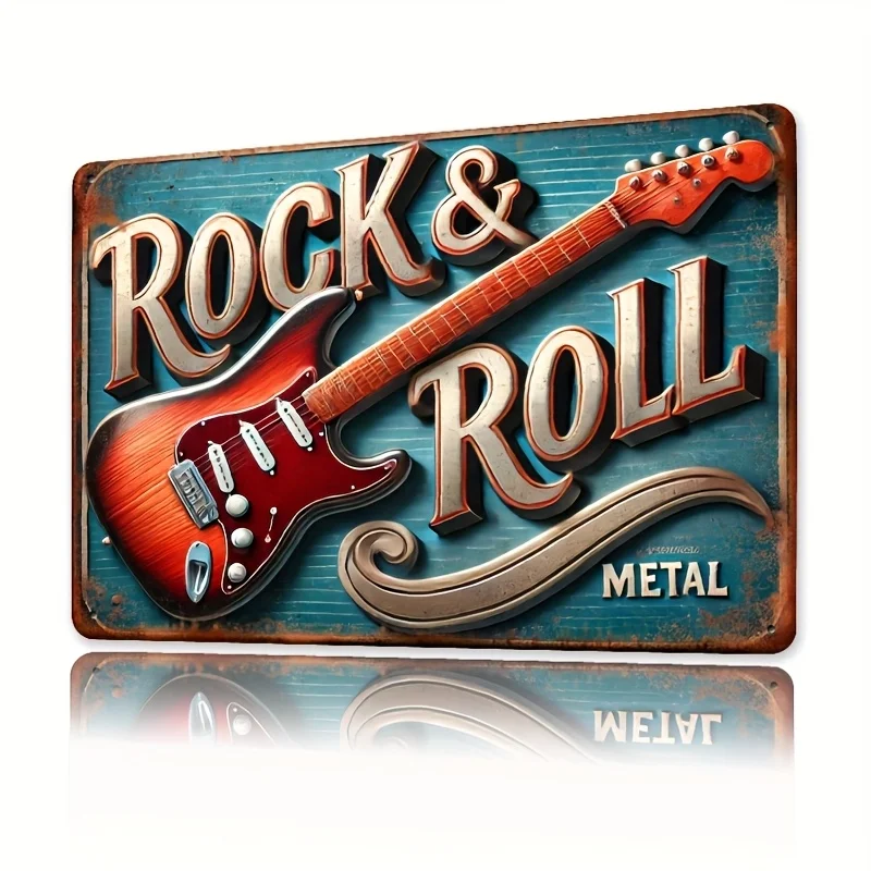 لافتة حائط معدنية عتيقة من Rock & Roll، es - ديكور جيتار كهربائي ريفي، ملصق حديد قديم للمنزل والمكتب والبار والمطبخ وغرفة النوم #1