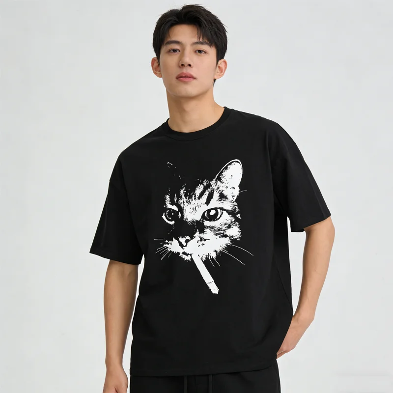

Новая высококачественная одежда, модная мужская футболка с принтом American Street Smoking Cat в стиле ретро, мужская футболка большого размера с короткими рукавами