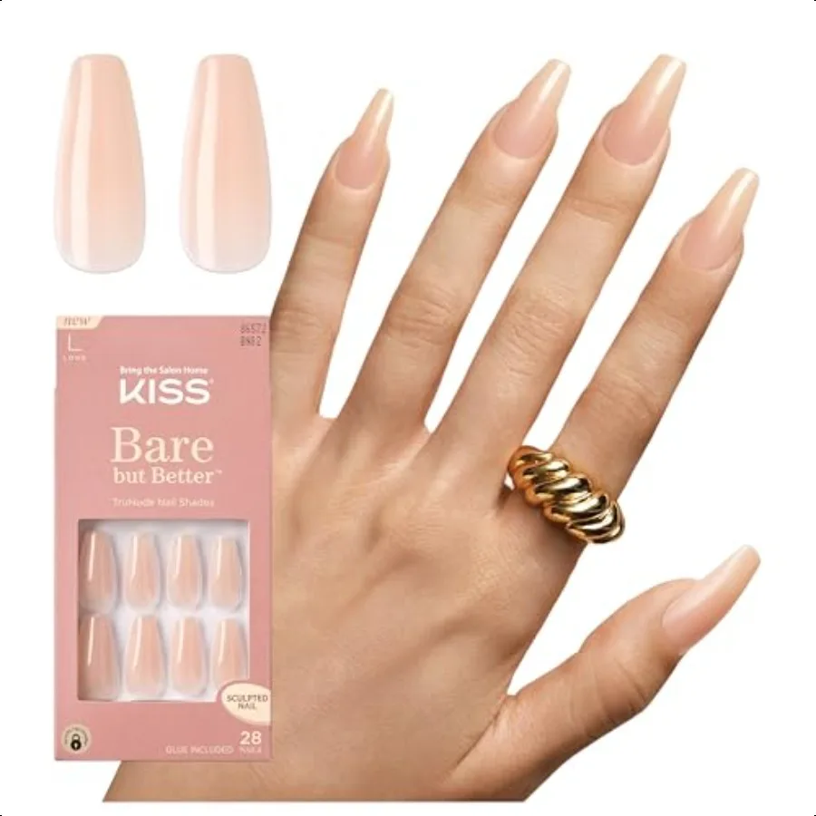 

KISS Bare but Better Pr On Nails Nail glue included 'Nude Drama' Color Long Size Coffin Shape Includes 28 fake nails pink gel n