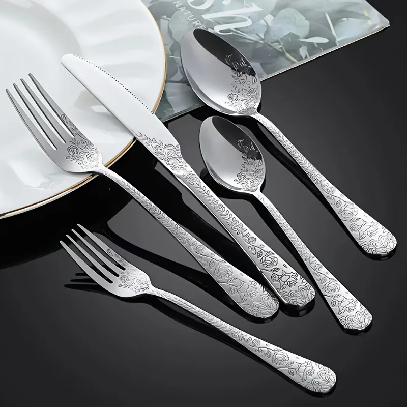30 Pieces of Stainless Steel Cutlery Set, Forks and Spoons with Retro-Style Carved Handles, Mirror Polished.