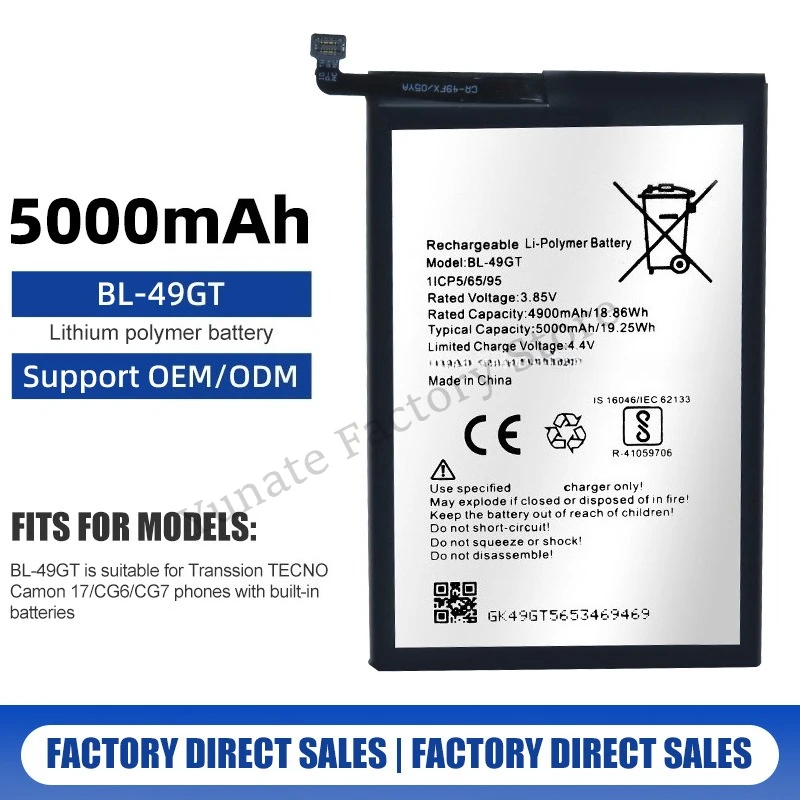 Fast Shipping High Quality BL-49GT 3.85V 5000mAh for Infinix X659 Hot 10 Tecno Camon 17 CG6 17P CG7 CG7N Mobile Phone Battery