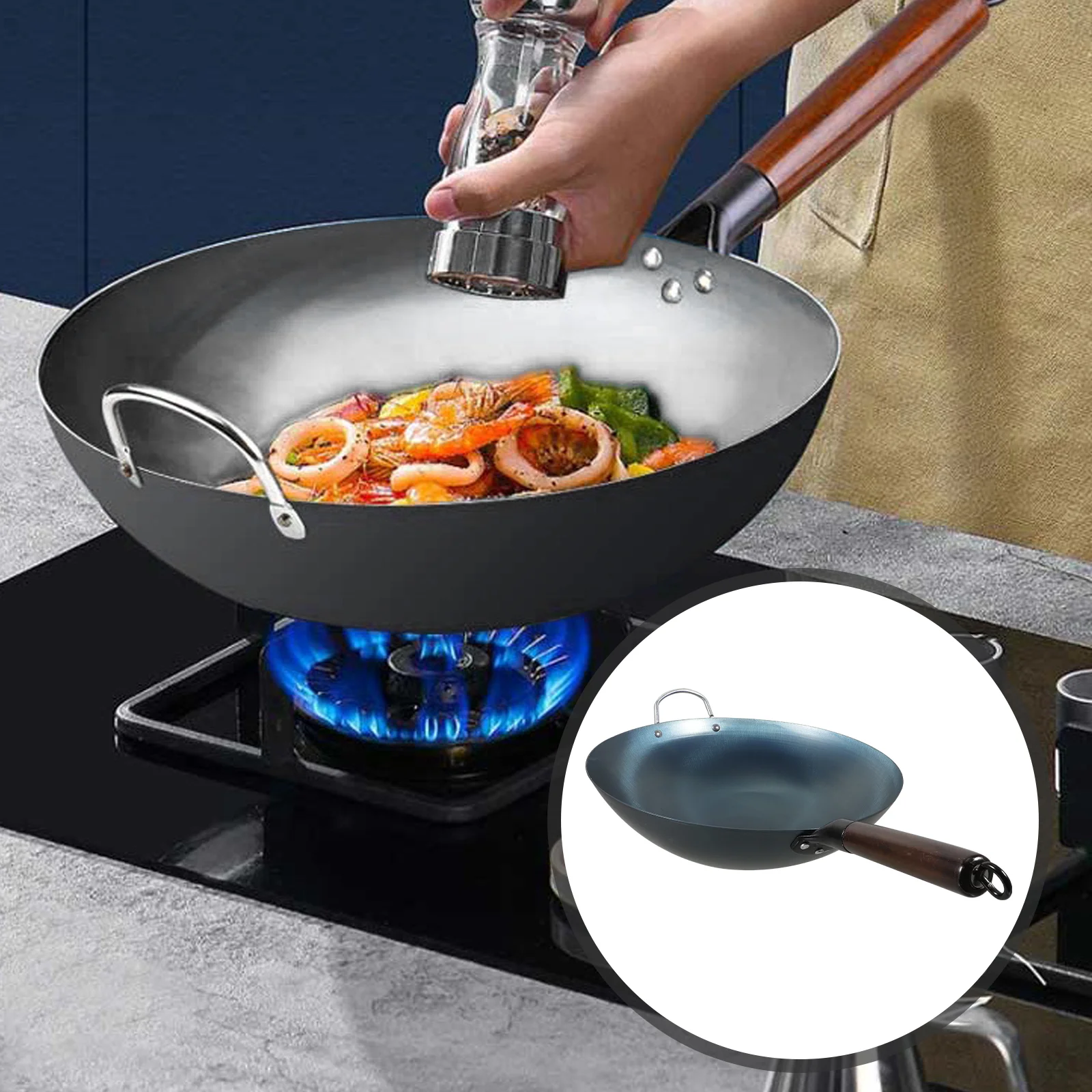 

Heavy Duty Wok Work on Large Wooden Handle Korean Cookware for Stoves Fry Pan