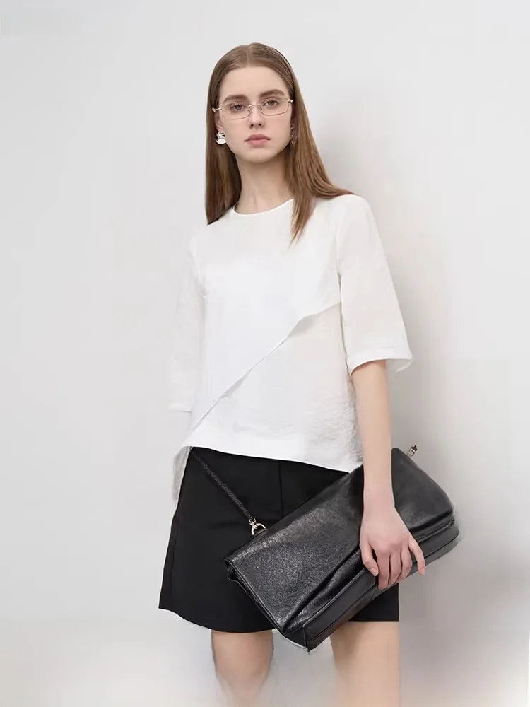Sdeer Simple Round Neck Texture Irregular Sleeve Shirt Women's Summer Fashion Casual Ol Style Loose Fit Regular Sleeve Length