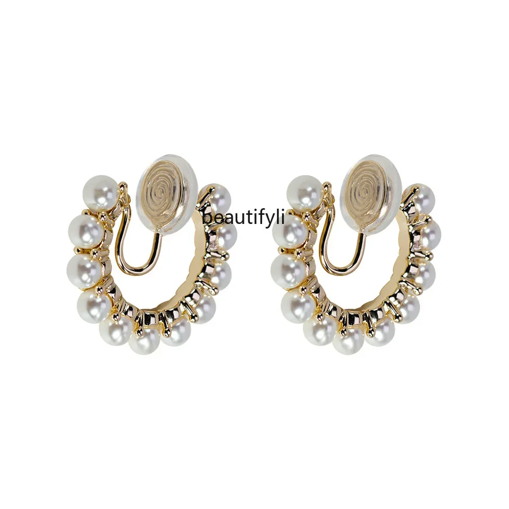 yj Elegant Pearl C- Shaped Ear Clip Gentle High-Grade Silver Needle Ear Studs without Pierced Female Circle Earrings