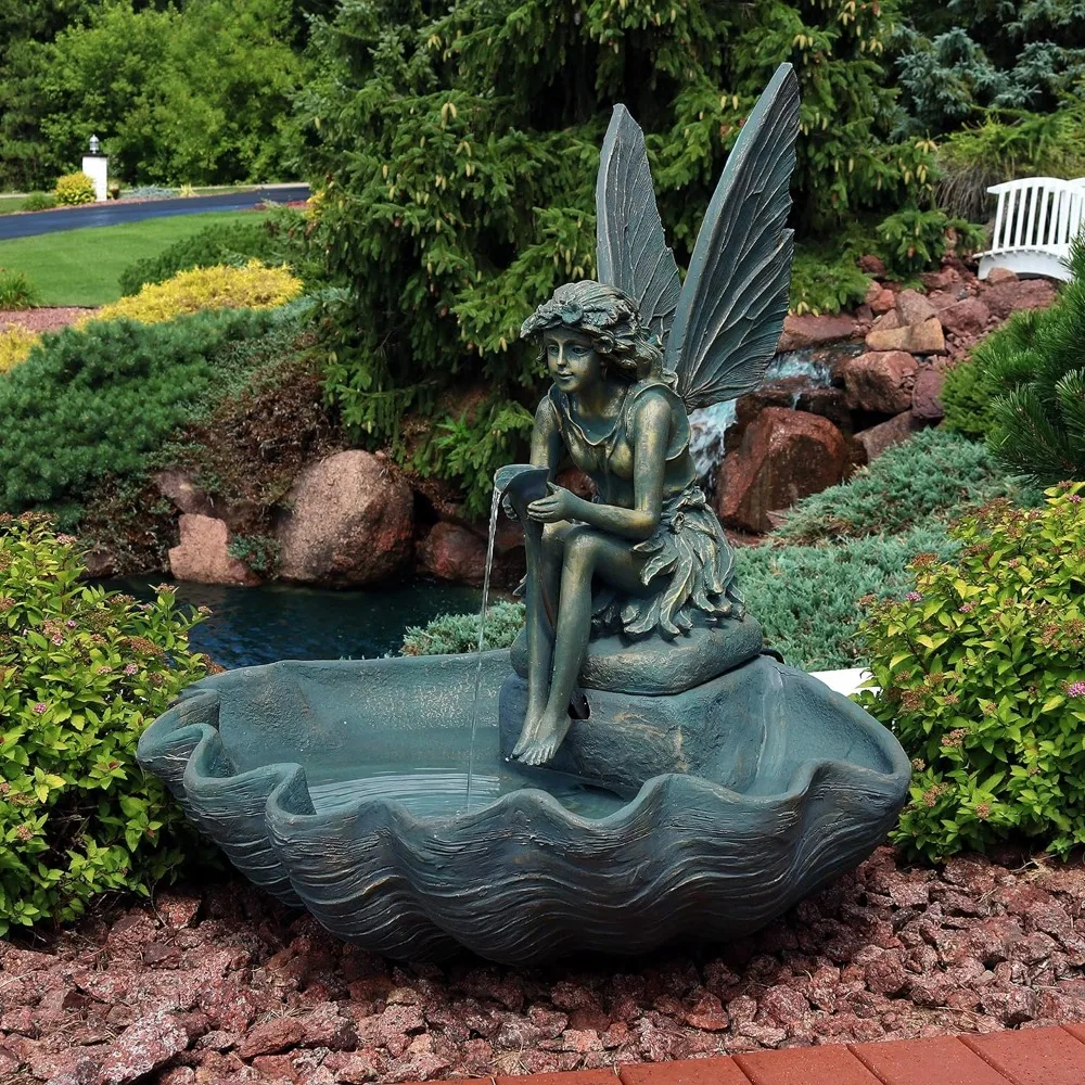 

Durable resin fountain 30-Inch H Fairy Shell Outdoor Water Fountain - Waterfall Feature for The Patio, Lawn, or Yard - Bronze